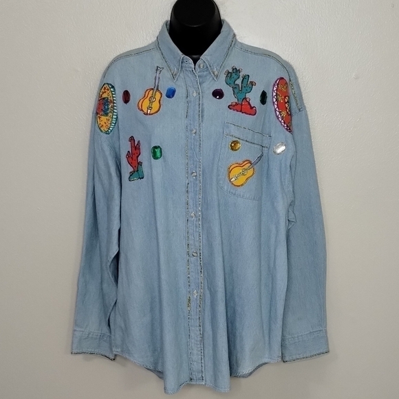 VINTAGE 80s Forenza Women's Large Tunic Shirt Chambray Denim Southwestern Relax - Picture 1 of 9